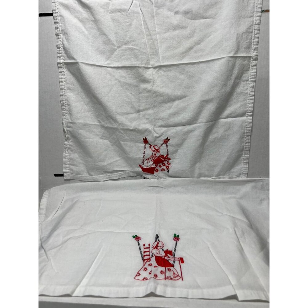 Vintage Hand-Embroidered White hand towels With Red Lady Design